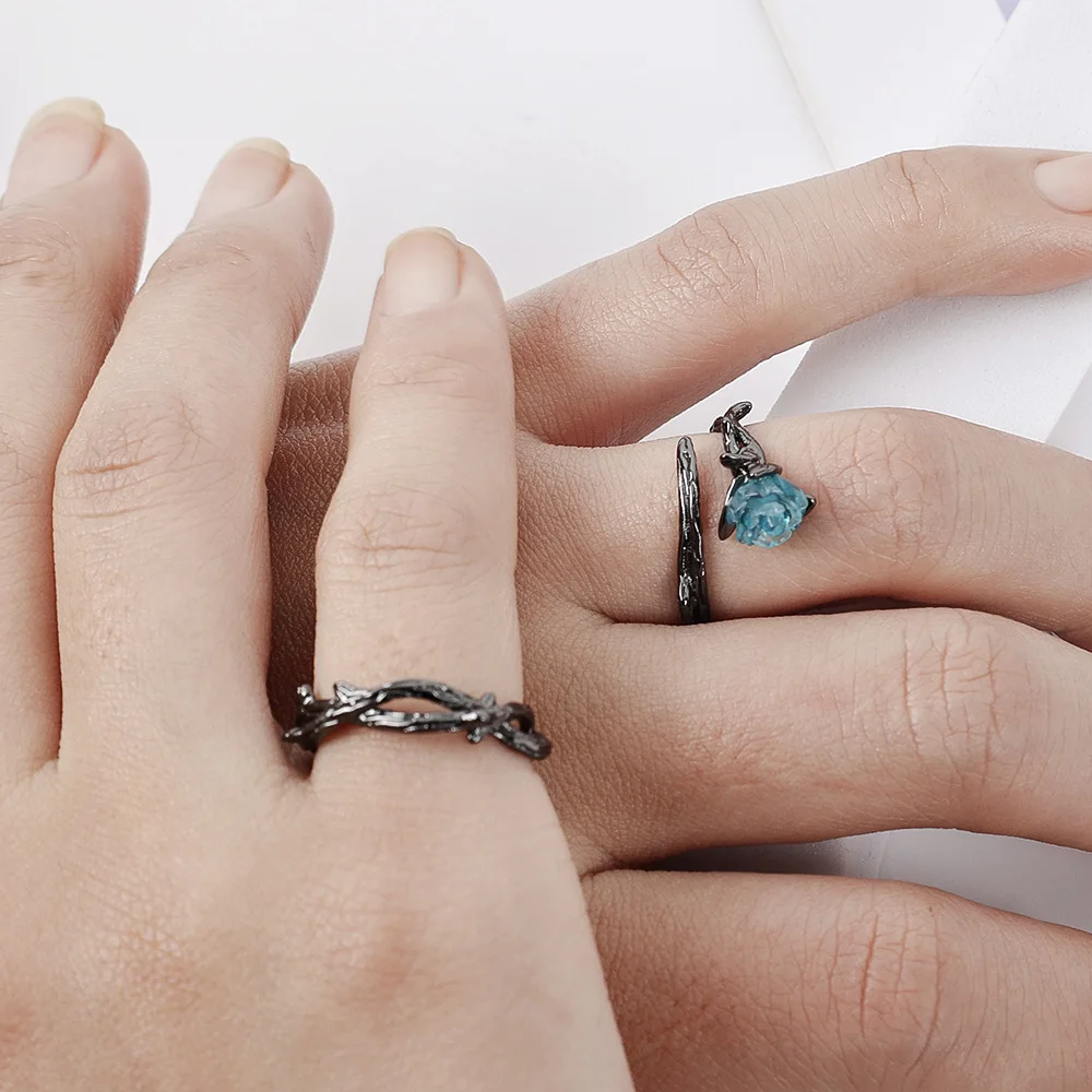 Blue Crystal Rose Flower Black Thorns Couple Rings Adjustable Paired Rings for Men Women Best Friend Punk Fashion Finger Jewelry image 6