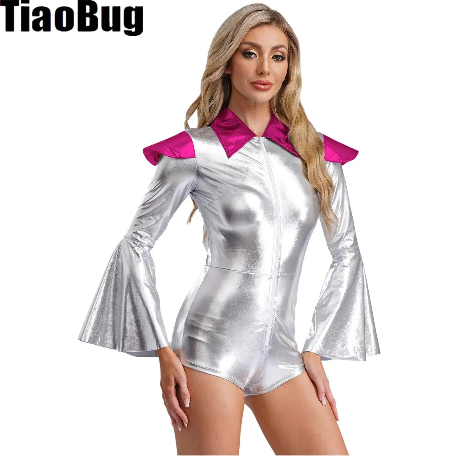 

Женский карнавальный трико для косплея инопланетянина, боди металлического цвета с длинными расклешенными рукавами и лацканами, комбинезон на молнии спереди, купальник