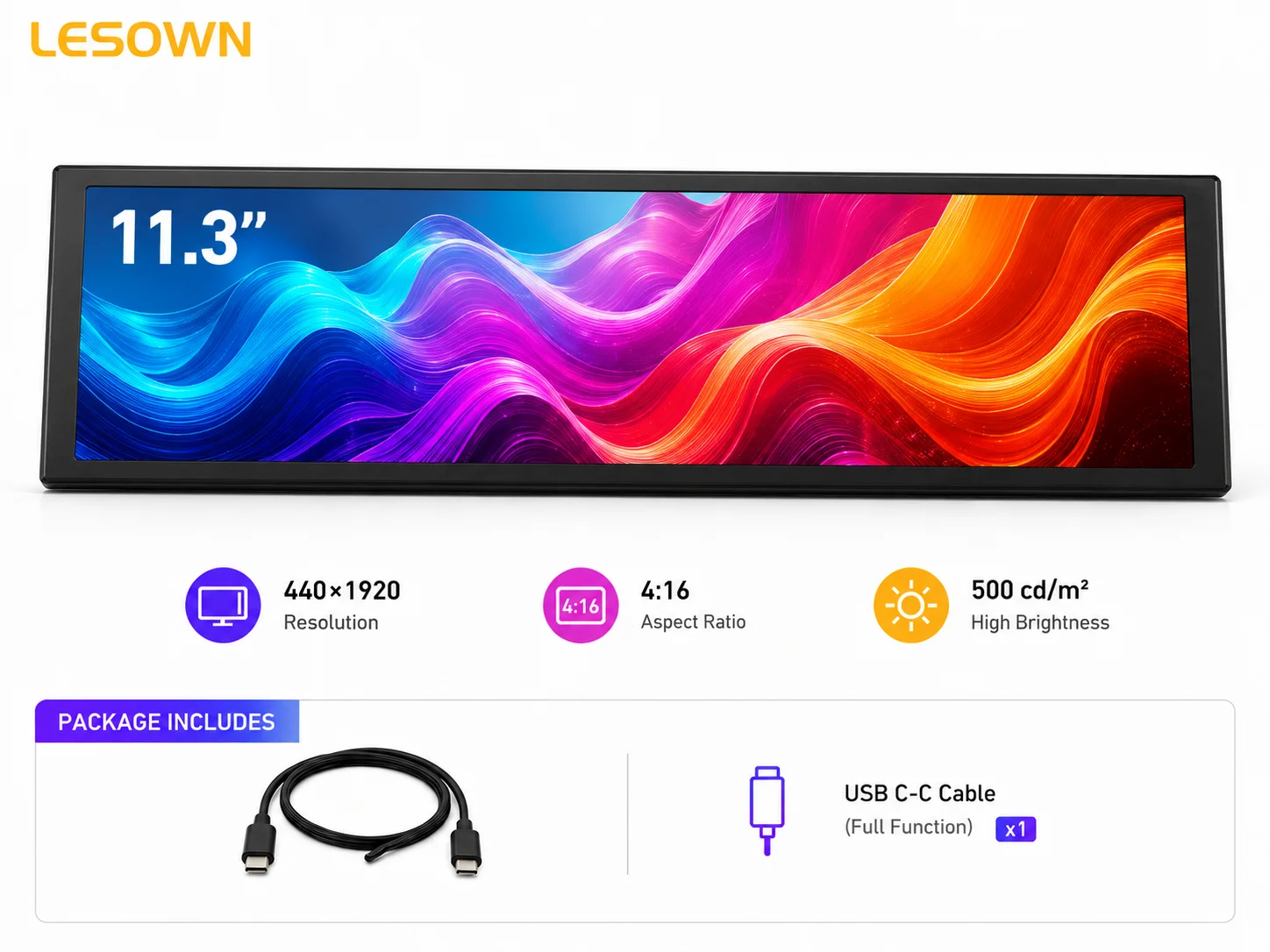 LESOWN 11.3 Inch Stretched Bar Monitor 440x1920 External Screen Driverless Matte Black Display for Hardware Monitor