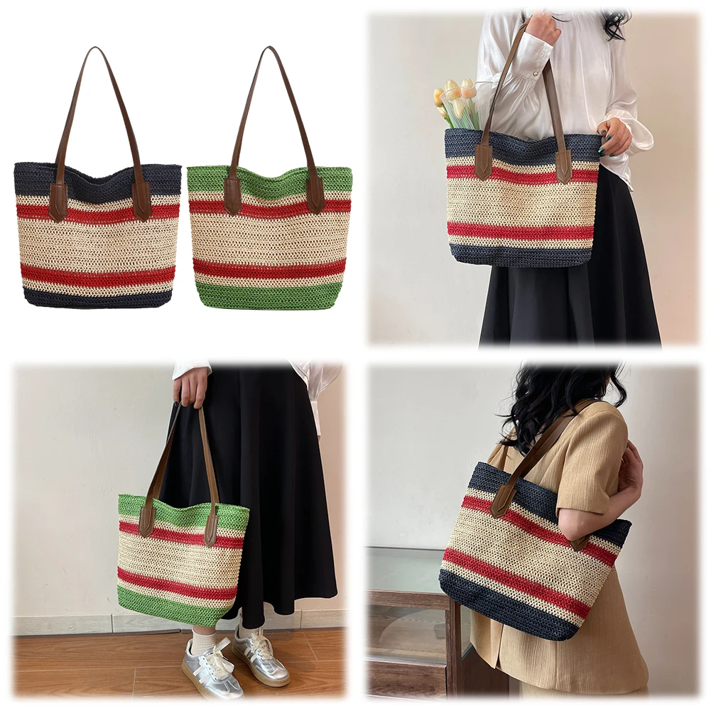 

Straw Shoulder Bag for Women Large Capacity Woven Hobo Bag Color Strip Zipper Crossbody Bag for Travel Holiday Shopping