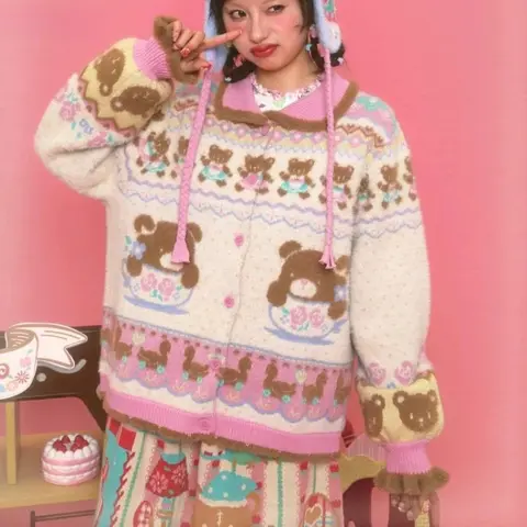 เสื้อคาร์ดิแกนถักลายหมีการ์ตูนน่ารัก สไตล์โลลิต้า สำหรับผู้หญิง แบบญี่ปุ่น คาวาอี้ ทรงหลวม เสื้อกันหนาว เสื้อโค้ท สำหรับฤดูใบไม้ผลิและฤดูใบไม้ร่วง เสื้อถักน่ารัก