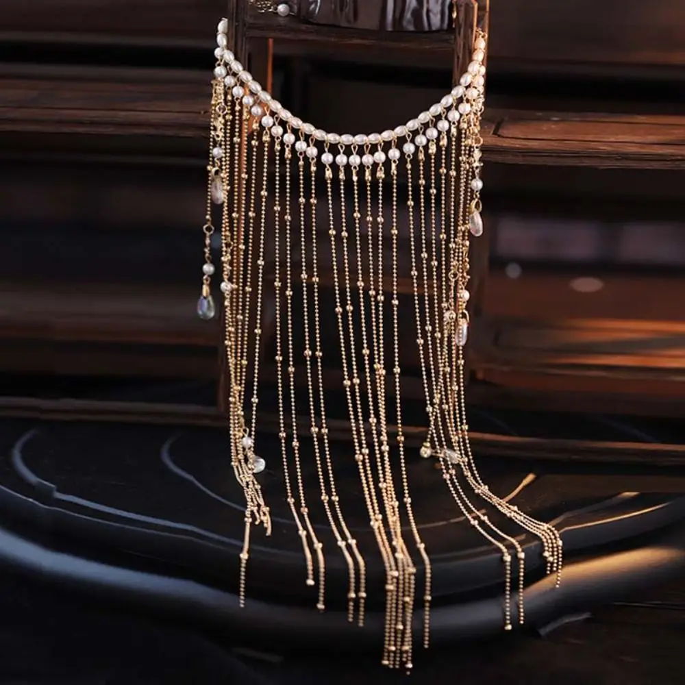 럭셔리 진주 Hanfu 얼굴 체인 귀 걸이 머리 장식 황금 요정 마스크 술 고대 스타일 신비한 베일 파티