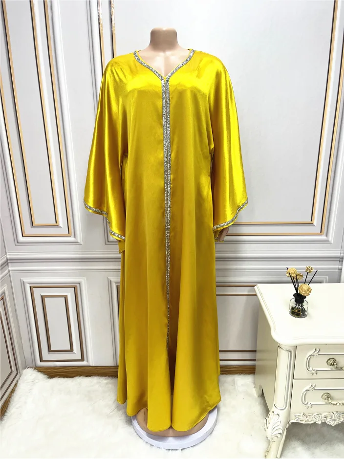 Abaya Dress 2023 Summer Elegant Muslim Women 3/4 Sleeve V-neck Polyester Blue Yellow Green Long Dresses Muslim Fashion Abaya