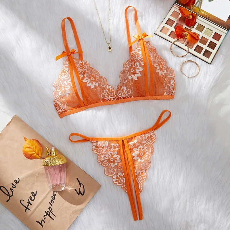 

Прозрачный комплект для взрослых и женщин, новый сексуальный оранжевый кружевной бюстгальтер с бантом и цветком, цветной узор, порно, полые экзотическое нижнее белье с вырезами