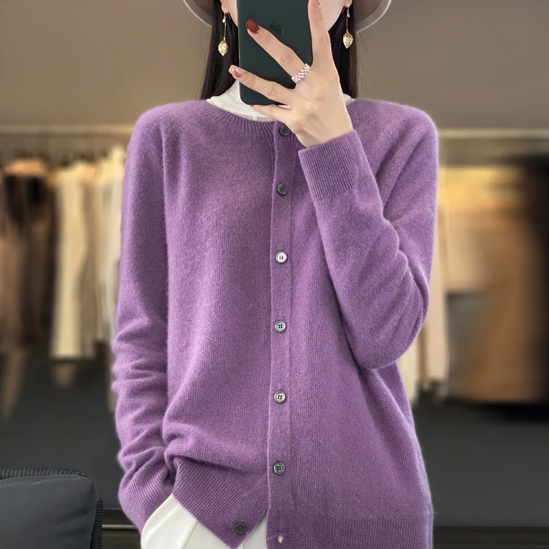 100% Merino Wool Sweaters Cashmere Cardigan Spring Autumn Women O-Neck Knitwear Clothing Fashion Basic Tops coat