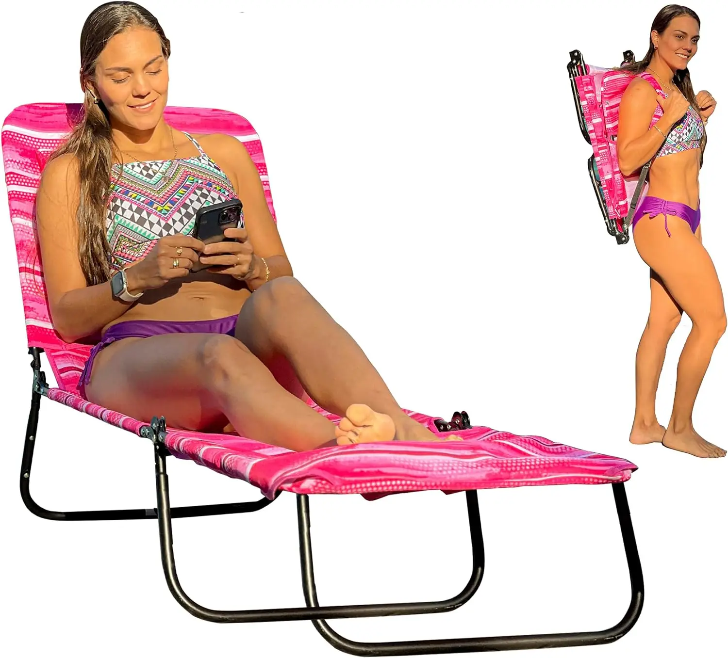 Pool Chair Chaise Lounge 2 Legs Support Polyester Material Reclining Backrest Head Rest Pillow Great For Beach, Home, Backyard