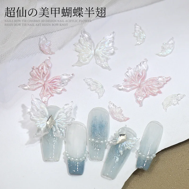 

20PCS Glitter Ice Translucent Aurora Fairy Half Butterfly Wing Clear Pink White Nail Art Rhinestones Decorations Manicure Charms