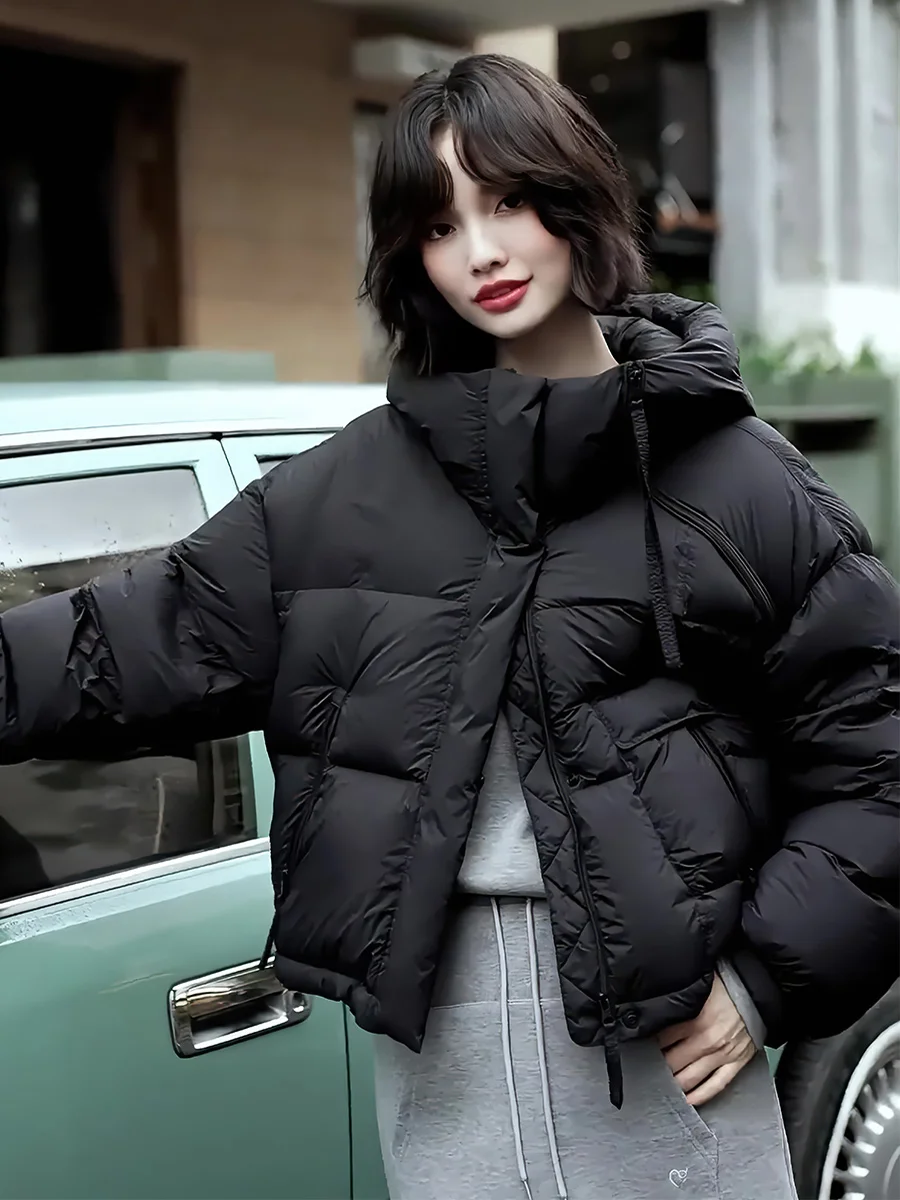 Damen Daunenjacke in Weiß, Winter-Warme Einfarbige Kapuzenjacke, Trendige Lässige Oversize-Jacke mit Reißverschluss