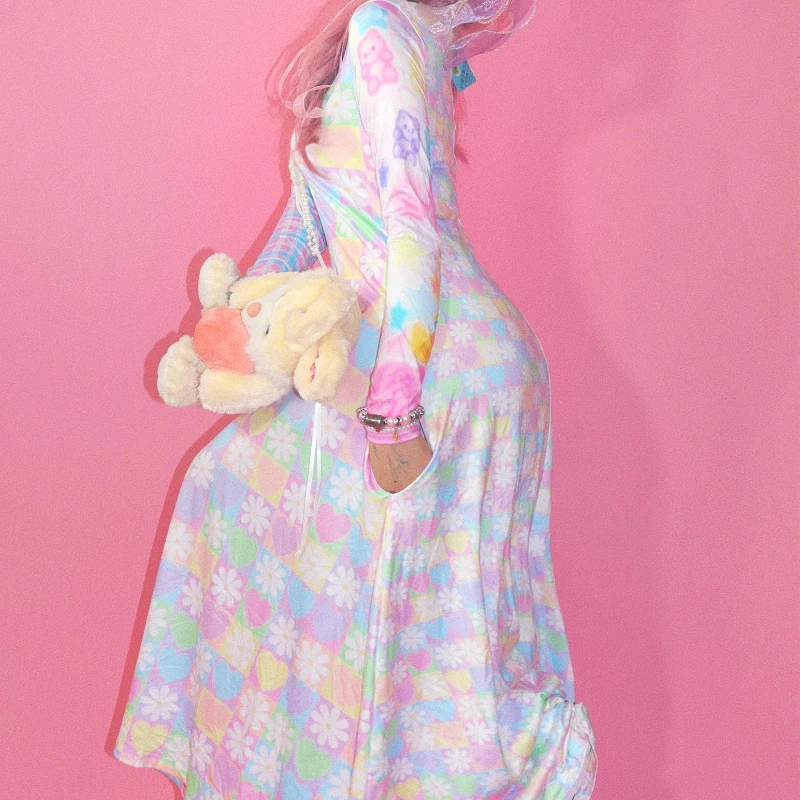 오리지널 디자인 레트로 플래드 프린트 여성 드레스 일본 봄 가을 신상 스윗 Y2K 귀여운 긴팔 루즈핏 얇은 원피스