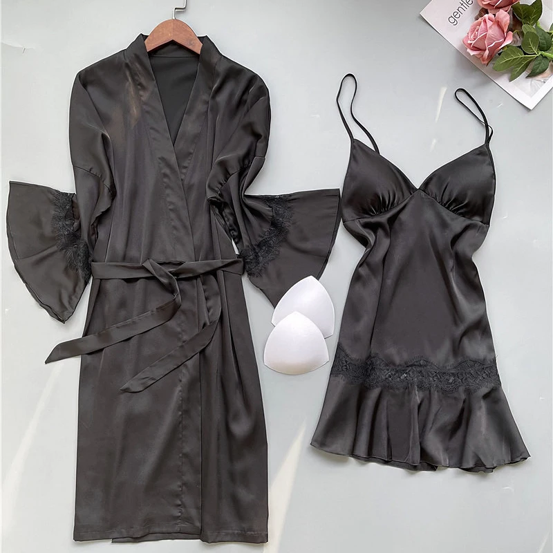 Sexy Bathrobe Women Half Sleeve Ruffles Two Pieces With Vest Nightgown Pajamas Sleepwear Woman Luxury Gowns Nightwear