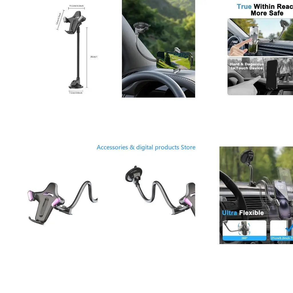 77JD Flexible Extended Hose Smartphone Holder Secure Base for Driving & Office Use