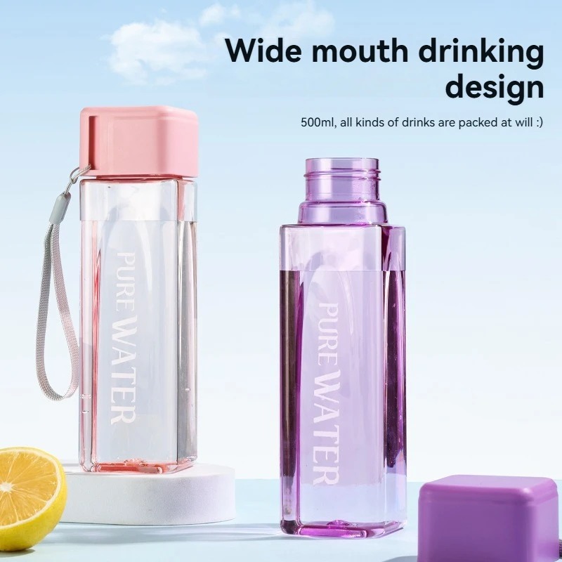 

1 Pcs 500ML Clear Square Drinking Bottle in Mate Plastic Portable Water Bottle with Milk Cable for Outdoor Sports