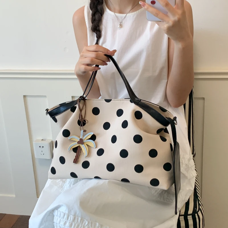 Dot-patterned Large Capacity Canvas Tote Bag 2026 Summer Simple Single Shoulder Crossbody Bag Suitable for Office Commuting