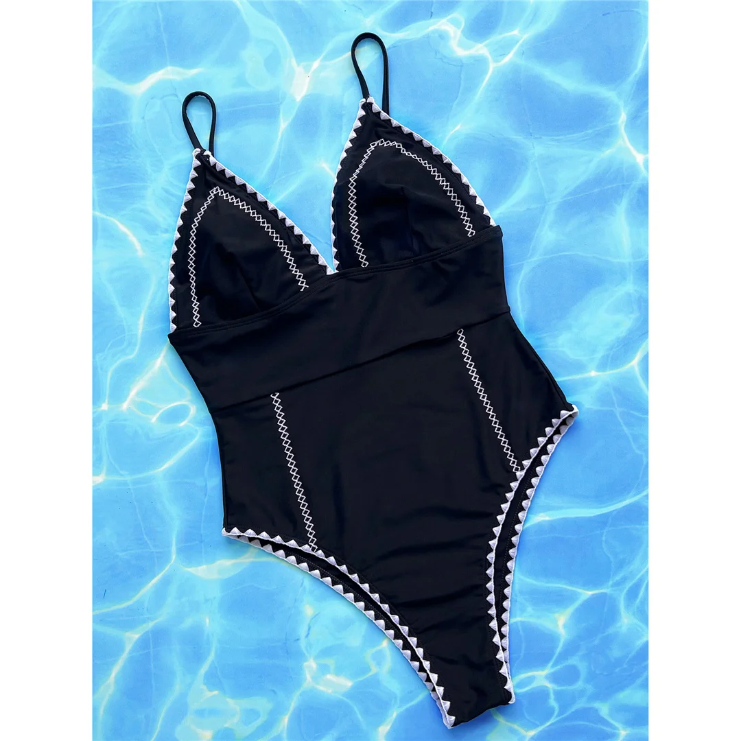 Neuer, verführerischer Badeanzug für Damen mit V-Ausschnitt, offenem Rücken und Polsterung, einteiliger Badeanzug, hoch geschnittene Beine, Monokini, Badebekleidung, Modell V4968. – Detail 9