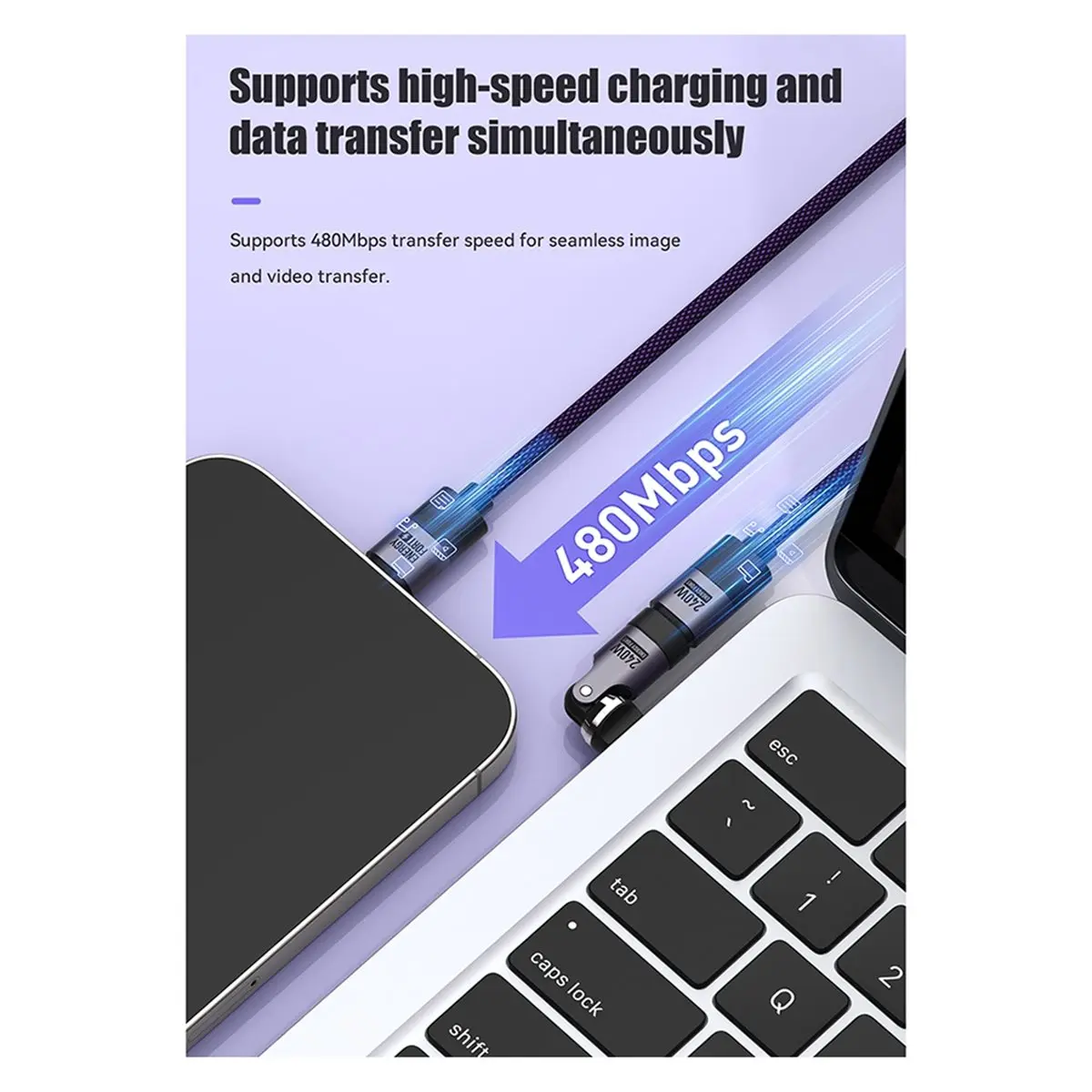 OKgood 240W Type C Cable Short USB C Cable Fast Charging Cord with 540-Degree Adapter for IPhone 17 Samsung, Bag Accessories