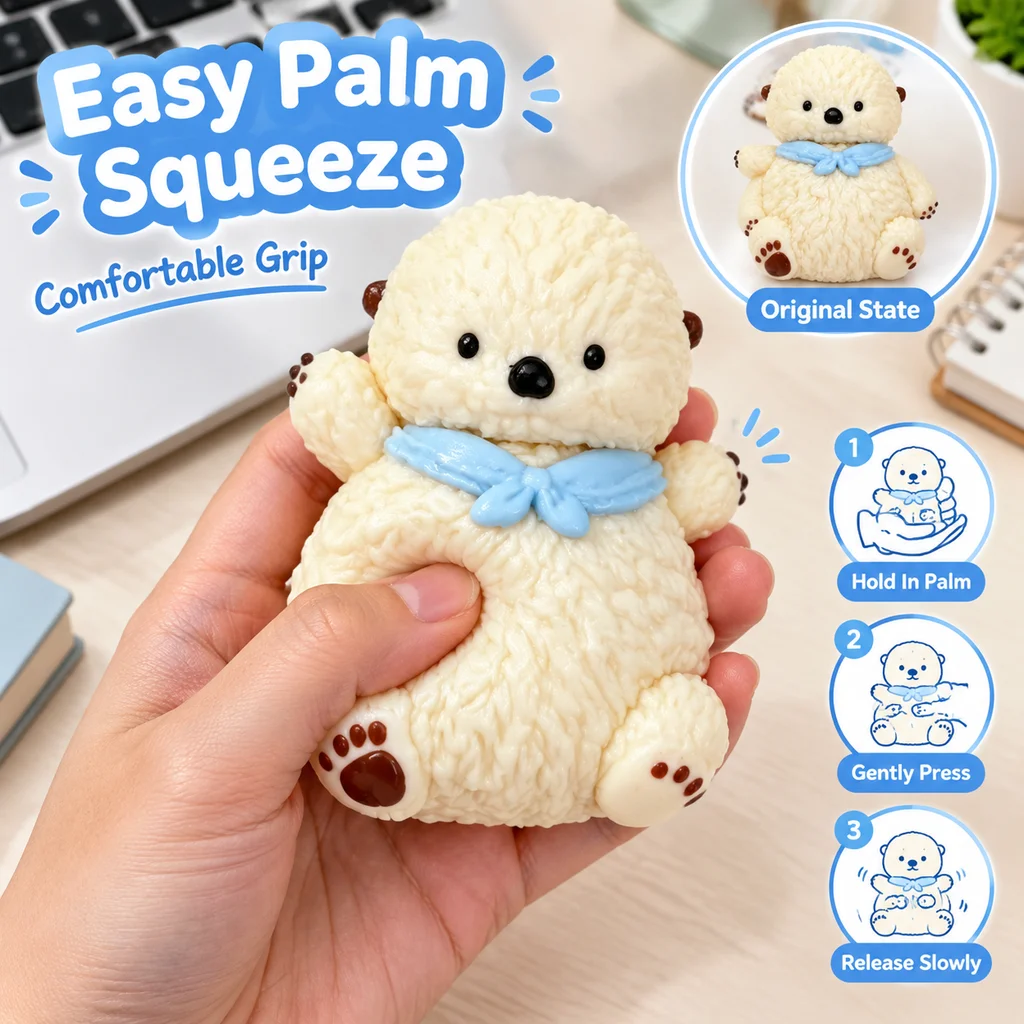 1. Food Grade Silicone Squeeze Toy Cute White Otter Shape Squishy Toy With Light Blue Bow Stress Relief Fidget Toy For Kids
