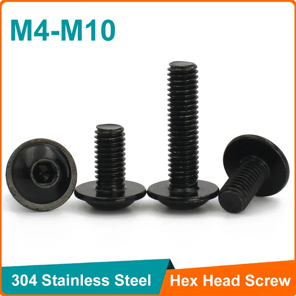 10pcs Black 304 Stainless Steel M3 M4 M5 M6 M8 M10 Hex Hexagon Socket Round Button Flange Head With Washer Collar Screw Bolt