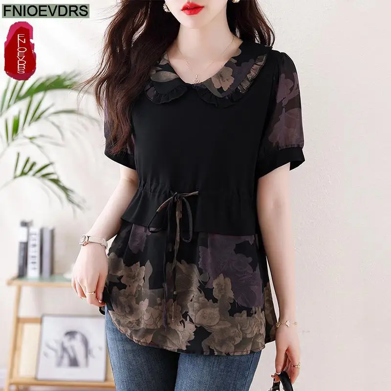 L-5XL 2024 Peter Pan Collar Tops Women Basic Wear Office Lady Short Sleeve Fashion Retro Vintage French Design Shirts Blouses