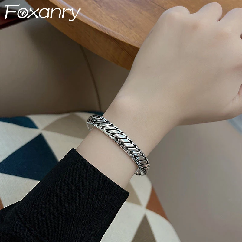 Foxanry Silver Color Handmade Cuff Bracelets For Women Couples Vintage Hip Hop Personality Trendy Party Jewelry Gifts Wholesale