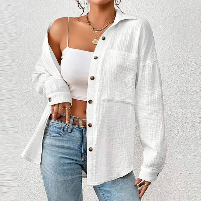 100% Katoen Gaas Mousseline Shirts Casual Turn Down Kraag Lange Mouw Top Kantoor Dame Elegante Blouses Voor Vrouwen Blusas
