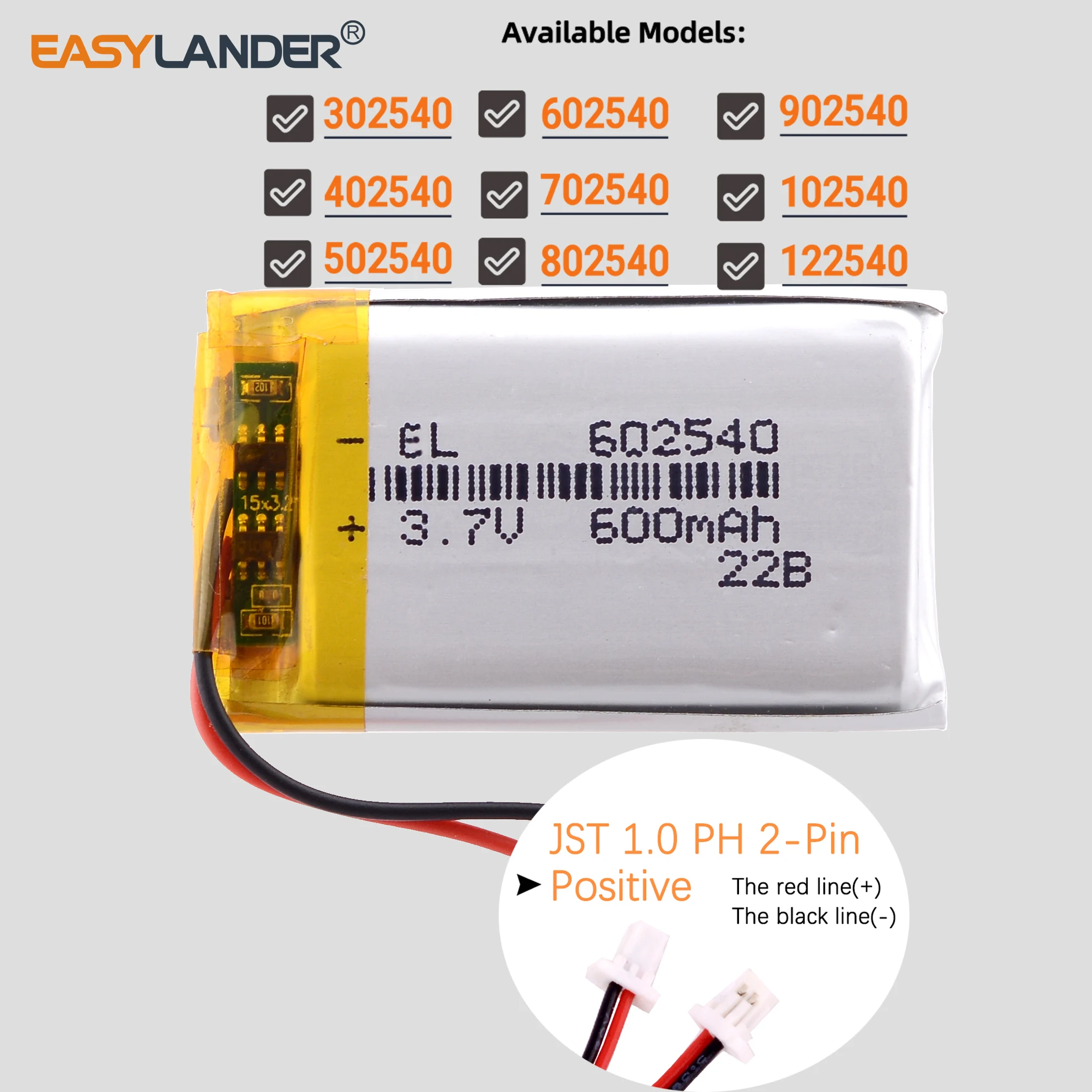 JST1.0 2P 3.7V 1000mAh 902540 Lipo lithium polymer battery 302540 402540 502540 102540 702540 802540 602540