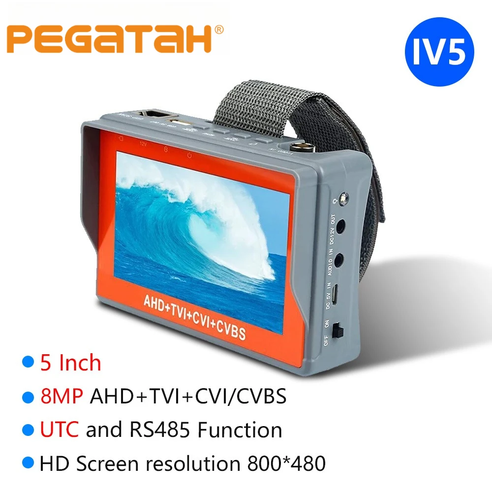 

Тестер видеонаблюдения 8MP 4K 4-в-1 PEGATAH с 5-дюймовым монитором для камер AHD/CVI/TVI/CVBS аналогового типа с входами HDMI/VGA и тестированием UTP