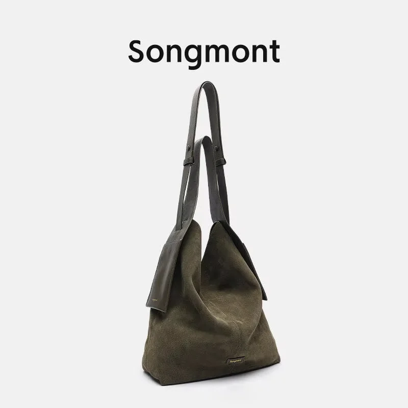 

Songmont Suede Tote Bag Bucket Shape Soft Textured Leather Multiple Colors Choice Casual Chic Shoulder Bag Daily Use Purse