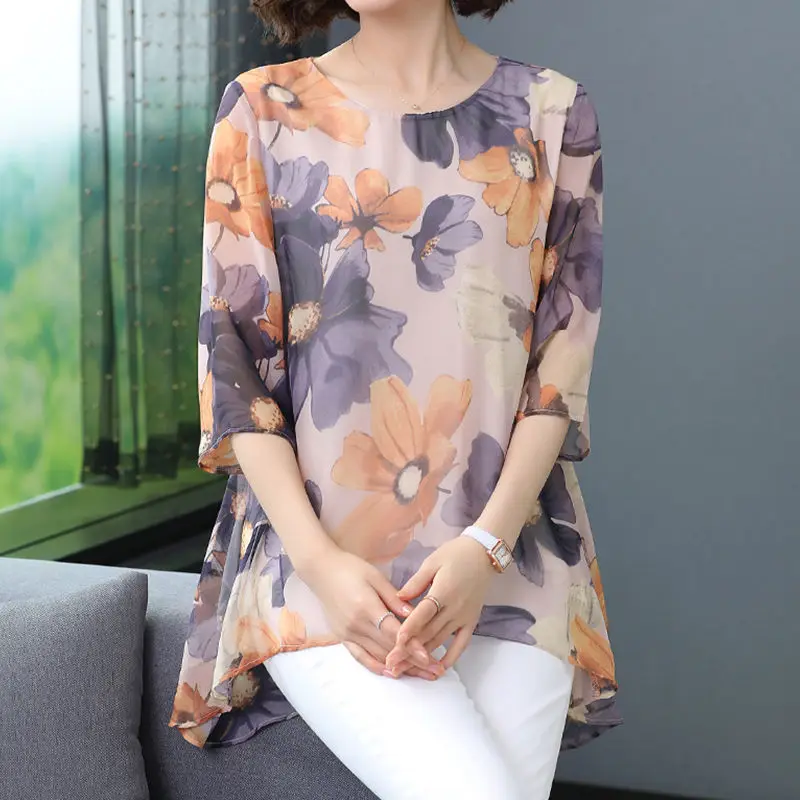 

Vintage Printed O-Neck Irregular Floral Blouse Women's Clothing 2023 Summer New Oversized Casual Pullovers Asymmetrical Shirt