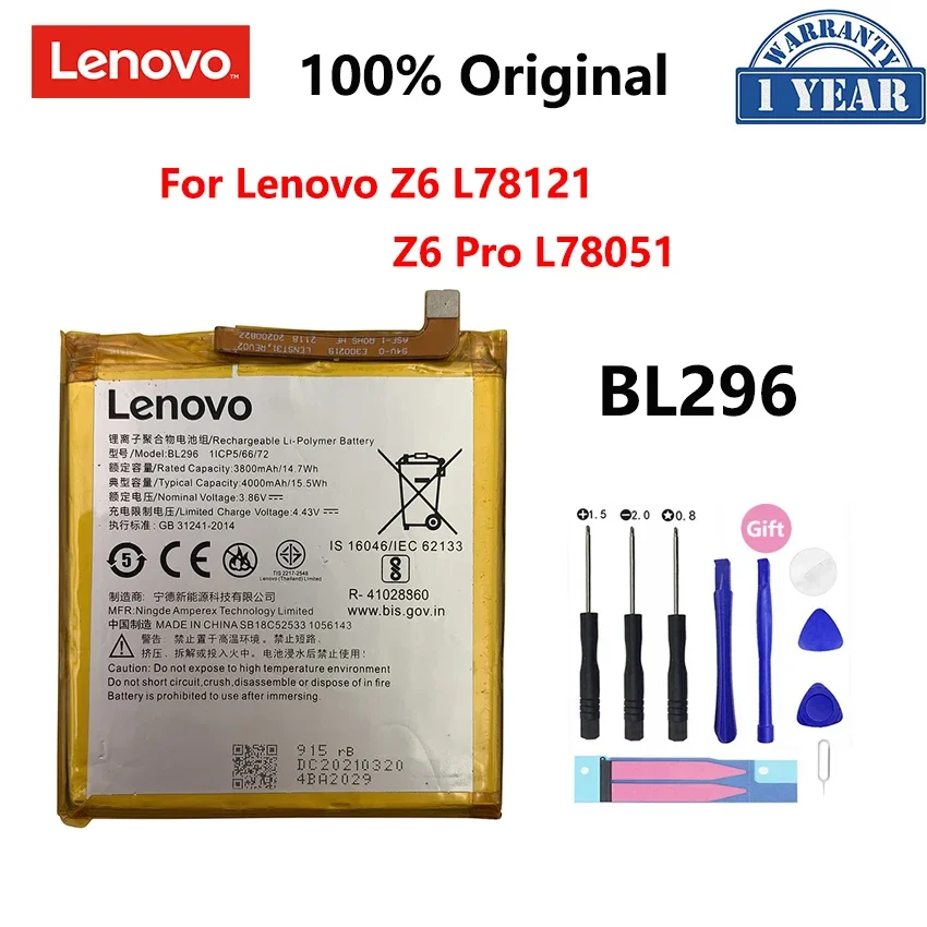 

100% Original 4000mAh BL296 Battery For Lenovo Z6 L78121 Z6pro / Z6 Pro L78051 BL 296 Replacement Phone Batteries Bateria