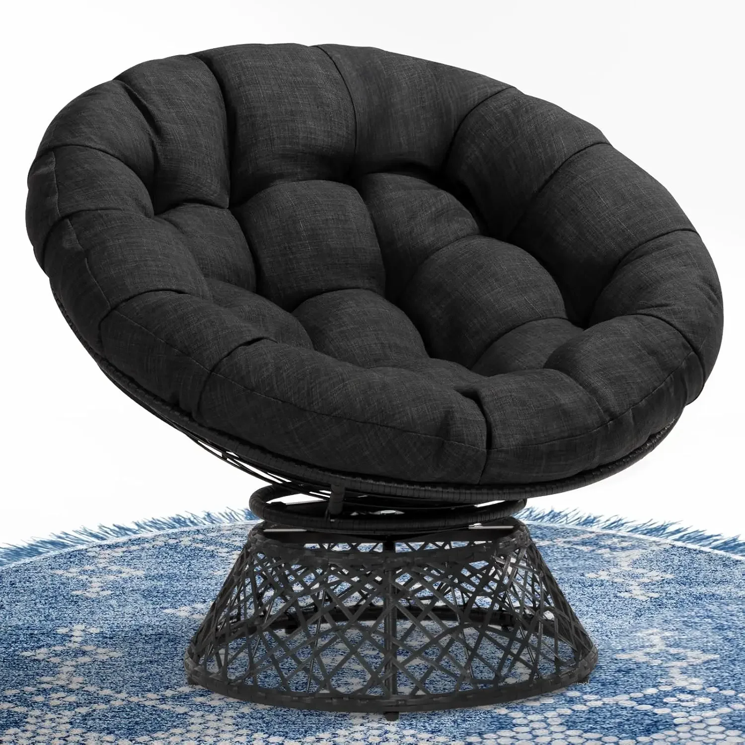 Ergonomic Wicker Papasan Chair with Soft Thick Density Fabric Cushion, High Capacity Steel Frame, 360 Degree Swivel for Living,