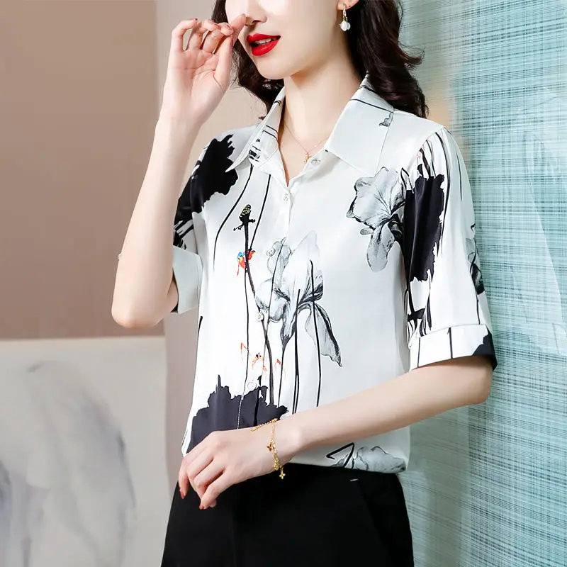 Women Clothing Silk Flower Print Vintage Button Shirts Summer Elegant Fashion Office Lady Blouse Simple Casual Short Sleeve Tops