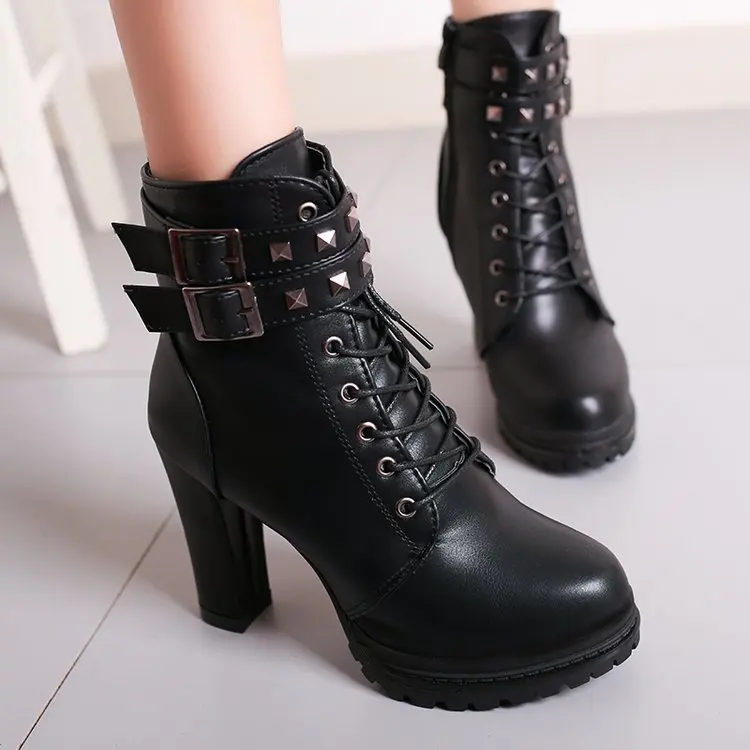 

Женские ботинки, осень/зима 2023, новые короткие сапоги на высоком толстом каблуке, модные ботинки с пряжкой на ремне и толстой подошвой с круглой головкой