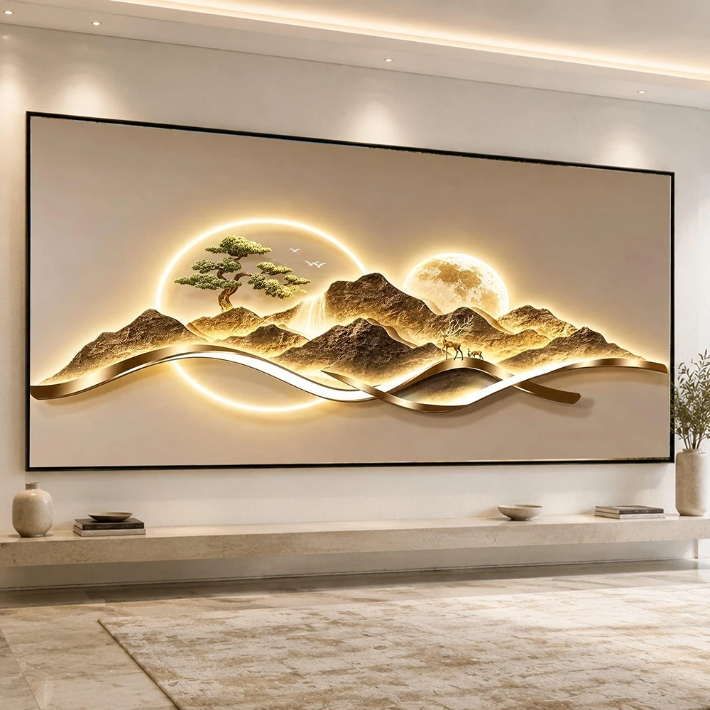 Illuminated Mountain Landscape Canvas Print Wall Art, Deer and Pine Tree Scene, Modern Home Decor, , Modern Living Room, Bedroom