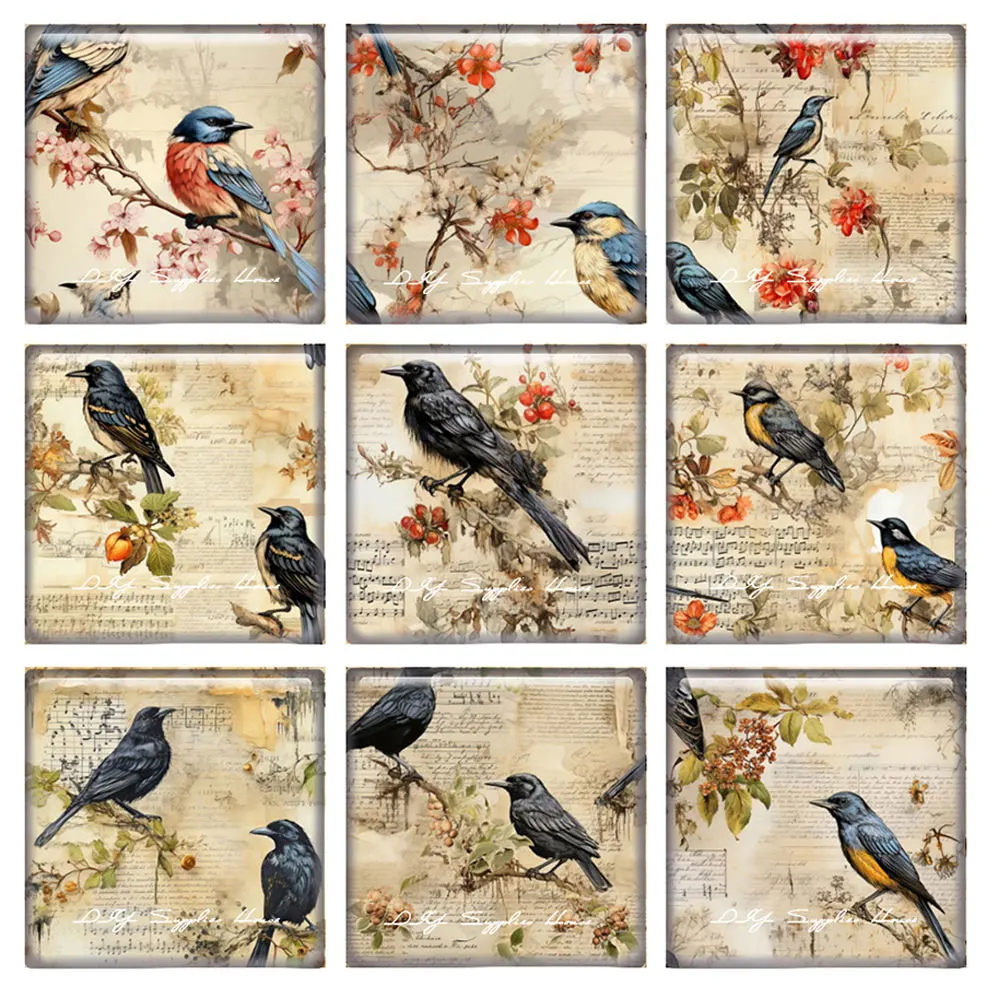 

10pcs/lots Retro Flower Branch Black Bird Square Photo Glass Cabochon Flatback Demo Flat Back Cameo For Diy Jewelry Making