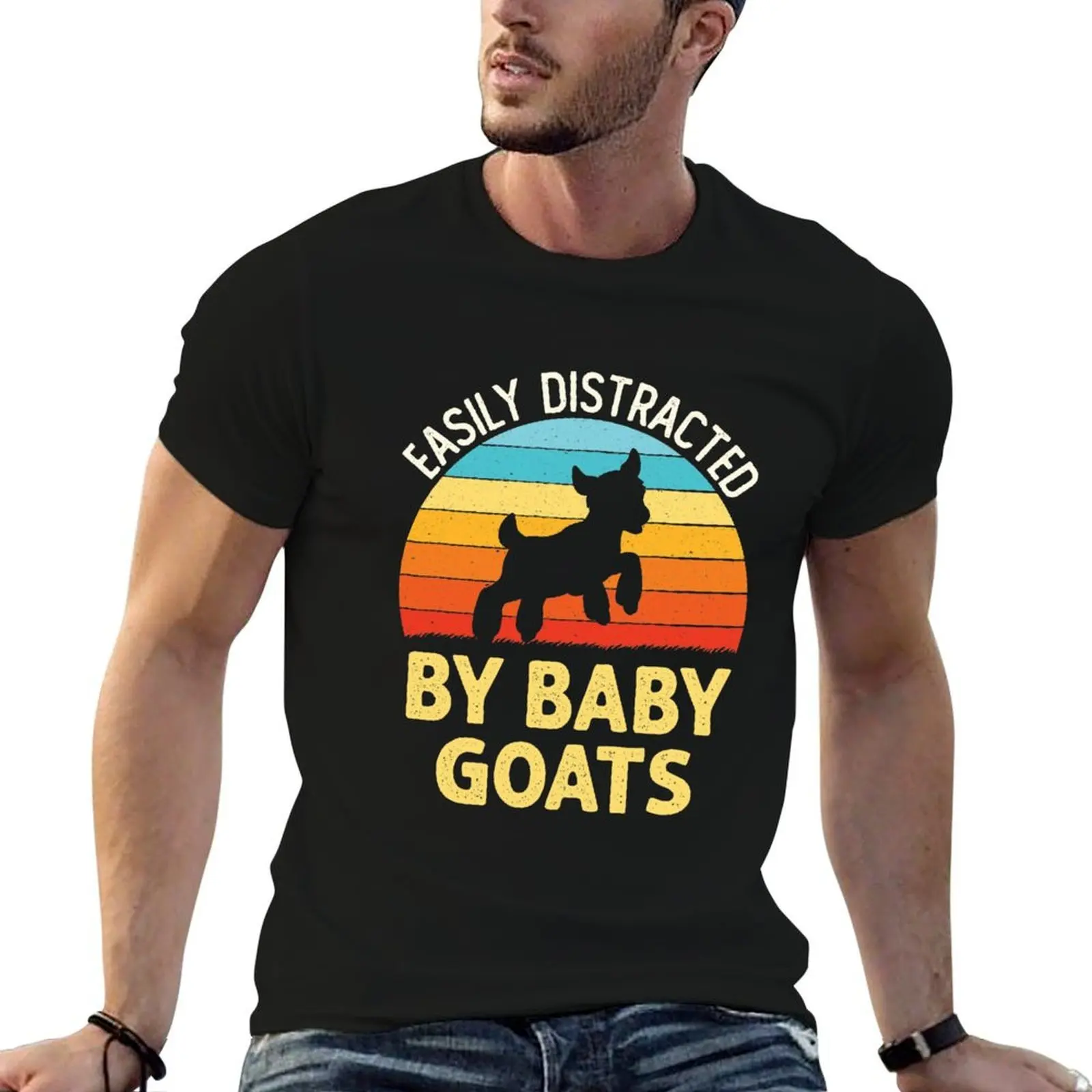 Easily Distracted by Baby Goats Goat Lover T-Shirt Work Outdoor T-Shirt for Men