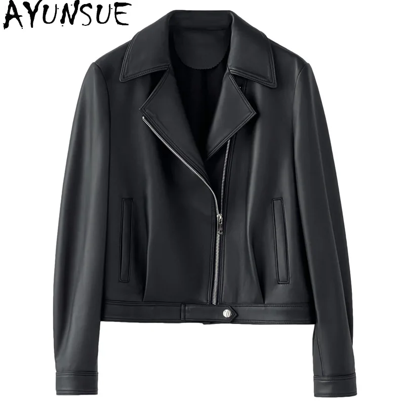 AYUNSUE Damska kurtka ze skóry naturalnej na jesień 2025, kurtki motocyklowe ze skóry owczej, damskie płaszcze, kołnierz garniturowy, Jaqueta Couro