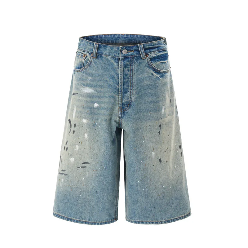 QICHE Mens Summer Casual Denim Cropped Pants American Retro Splash‑Ink Hand‑Painted Light‑Blue Loose Wide‑Leg Straight Trousers