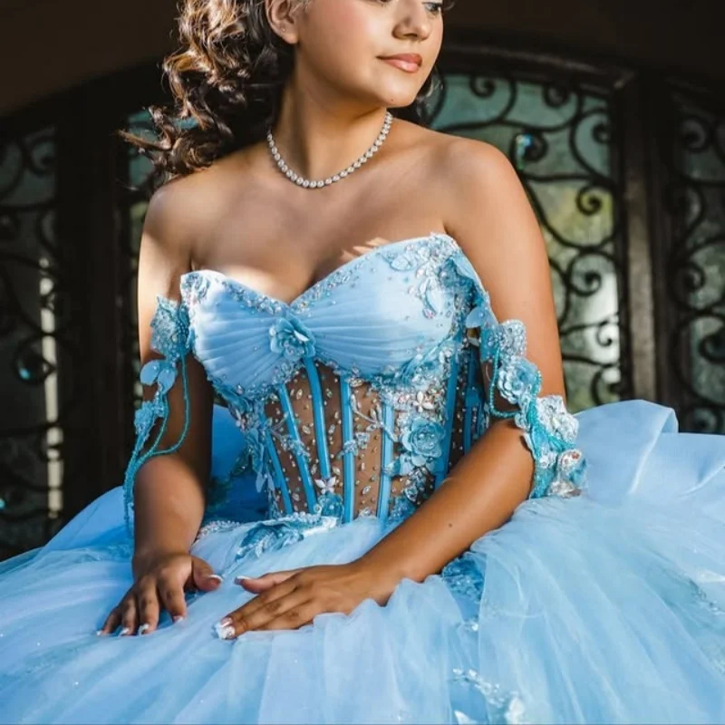 

Blue Quinceanera Dress crystal glitter flower Decal Long tail Bow luxury Vestidos De 15 Quinceanera ﻿Customize