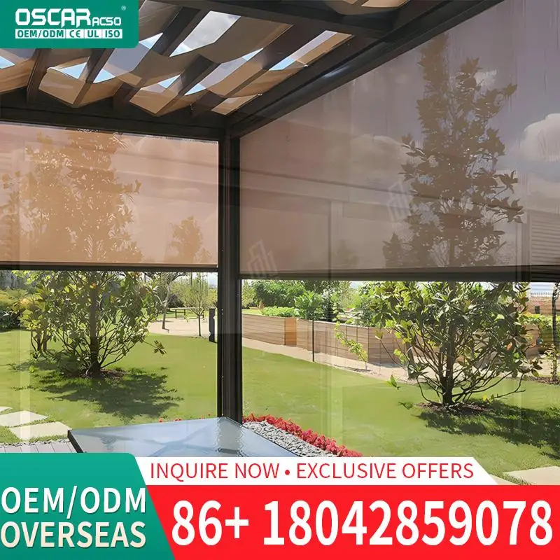 

Моторизованные ветрозащитные боковые экраны, высококачественные водонепроницаемые уличные рулонные шторы для патио, балкона, сада, рулонные шторы