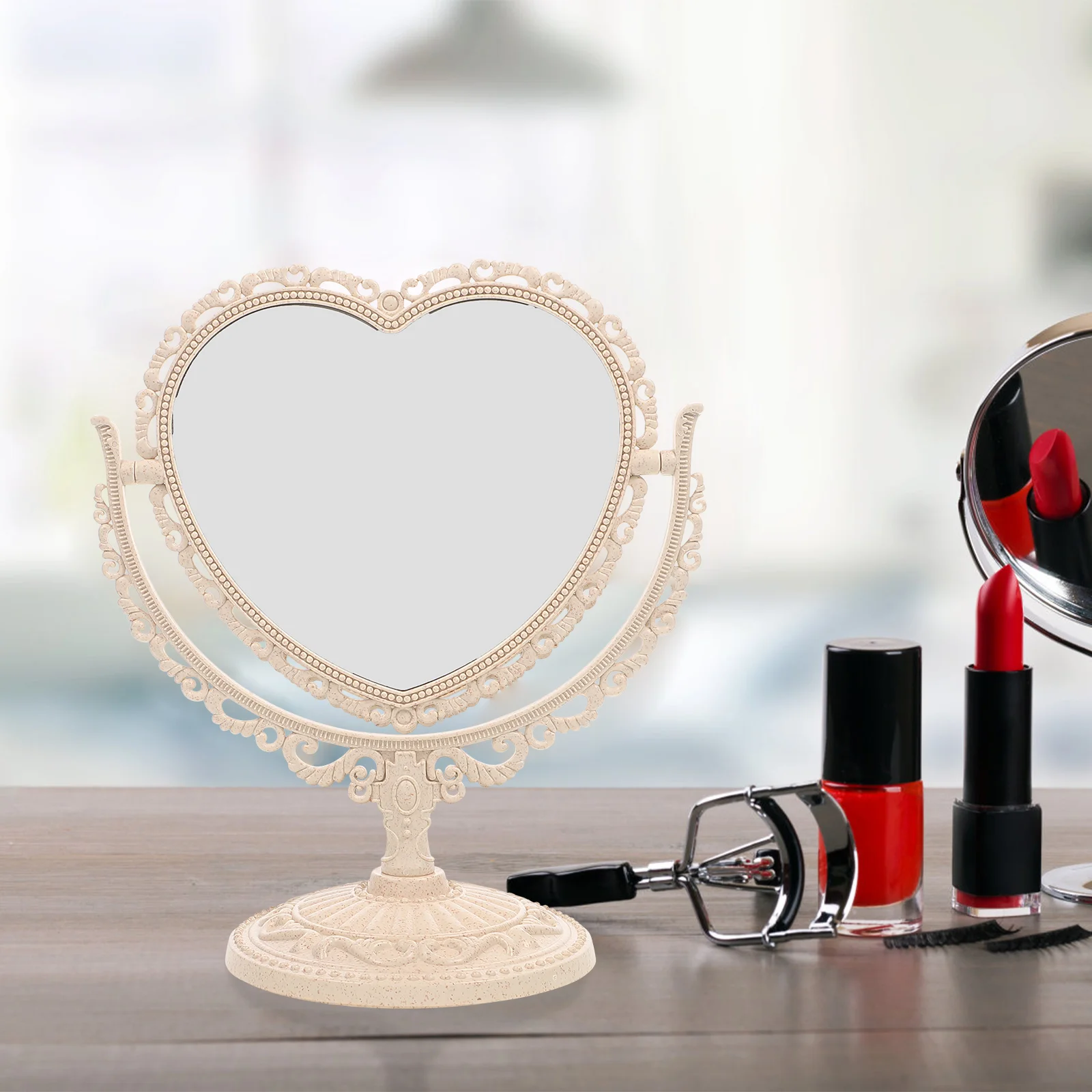 Double-sided Magnifying Mirror Makeup Table Two Heart Small Beige Color Oval Cosmtic Decorative Mirrors Shaped Vanity