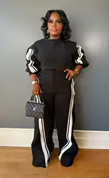 Women Set Autumn Winter Fashion Striped Long Sleeve Sweatshirt Top And Straight Pants Set Casual Two-Piece Set Jogger Tracksuit