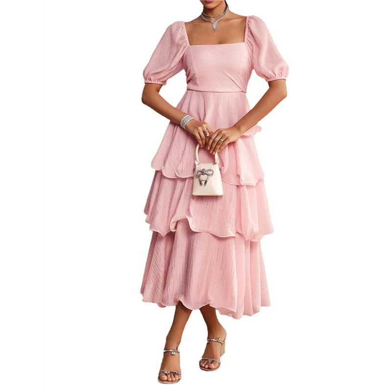 【Decoração de festa】 Vestido maxi boho de verão feminino manga curta bufante flowy linha em camadas vestidos longos de férias na praia