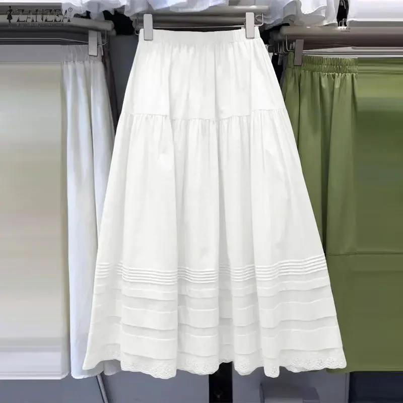 ZANZEA Fashion Women Solid Skirts Elegant High Waist Lace Maxi Skirts 2026 Spring Jupes Summer Elastic Waist Casual Faldas Saia
