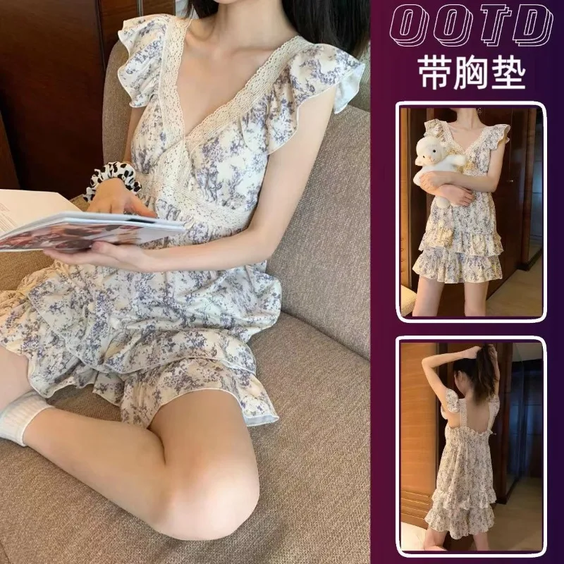 Vintage Sleepwear Women Pajama Sets Summer Pijama V-neck Shorts Sets 2 Pieces Korean Ruffles Night Wears Pyjamas Lace Home Suit