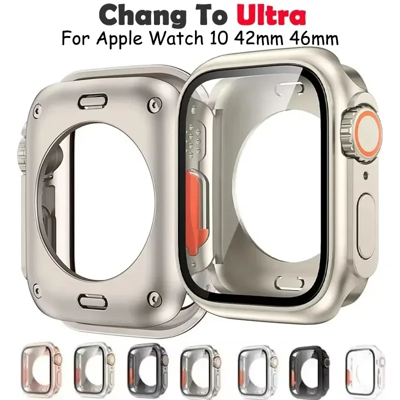 Change To Ultra Case for Apple Watch Series 10 42MM 46MM Screen Protector PC Cover for Iwatch S10 Tempered Glass Bumper New