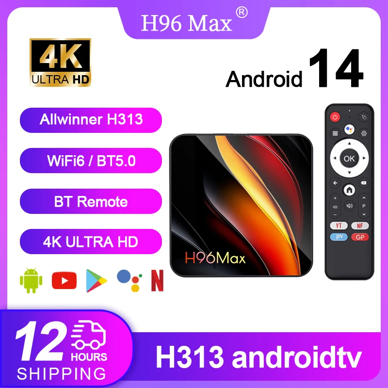 H96 MAX H313 Smart TV Box Android 14 TV Box 4K@60fps 100M/LAN Dual Wifi6 BT5.0 Google Voice Assistant Media Player Set Top Box