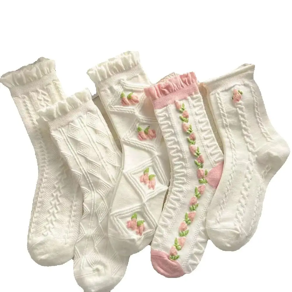 5 paires de chaussettes mi-tube en dentelle pour femmes, mignonnes, à volants, Style Harajuku, douces, polyvalentes, à la mode, pour filles, automne hiver