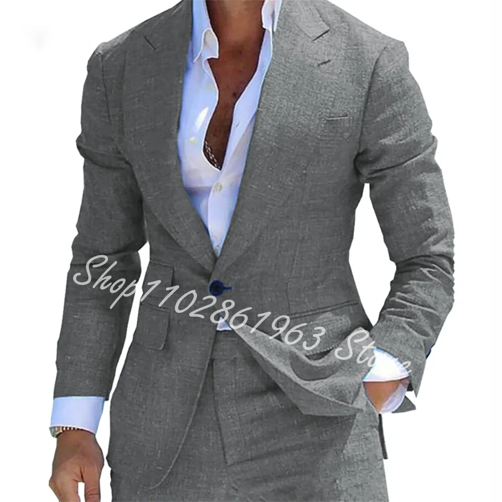 

2025 Linen Suits for Men 2 Pieces Casual Slim Fit Summer Blazer Pants Set Formal Prom Wedding Business Men Tuxedos Costume Homme