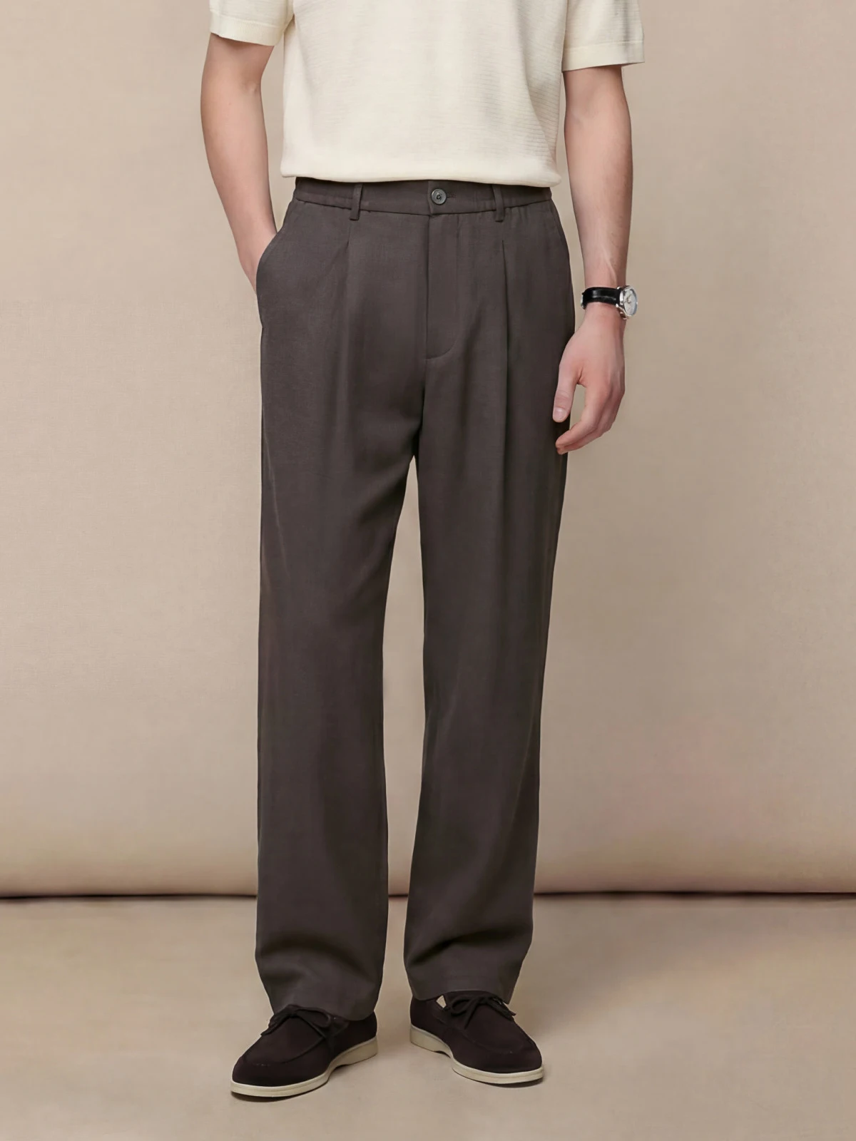 Men's Brown Cooling 13% Linen Lightweight Breathable Casual Trousers Straight Leg Pants for Business Commuter Summer Wear