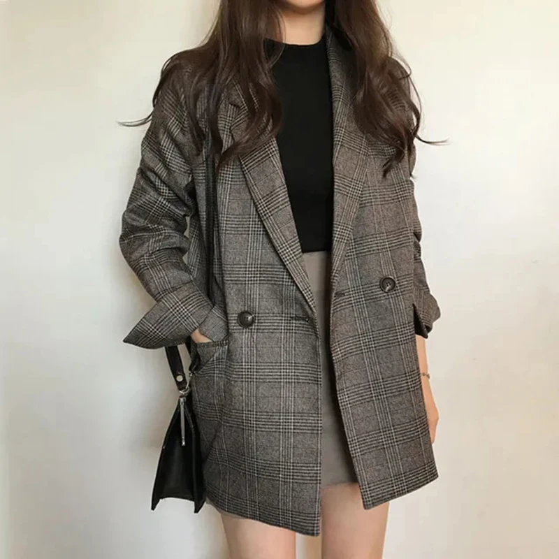 

GIDYQ Vintage Plaid Blazers Coats Women Spring Autumn Elegant Solid Casual Jacket Korean Double Breasted Office Lady Overcoat